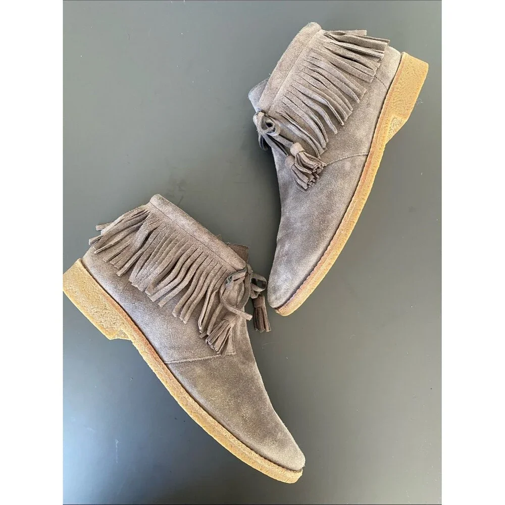 Kate Spade New York Bitsy Taupe Suede Fringe Boots Sz 10 Boho Cottage Western